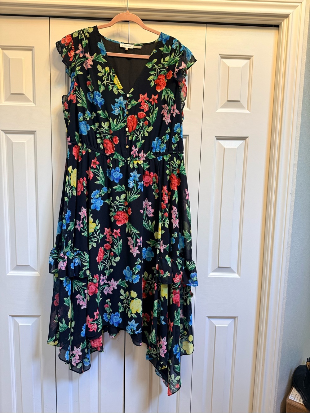 Calvin Klein Black Floral Handkerchief-Hem Dress